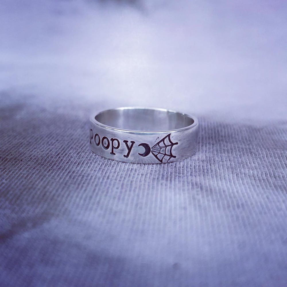 Spooky silver ring with moon and spider web stamps. Spooky halloween silver 925 ring.