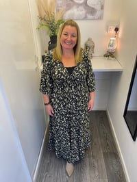 Image 1 of ABSTRACT ANIMAL PRINT SHIRRED STRETCH DRESS GREEN