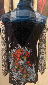 Image 1 of Vintage Funky Blue/Black Flannel Shirt Koi Fish