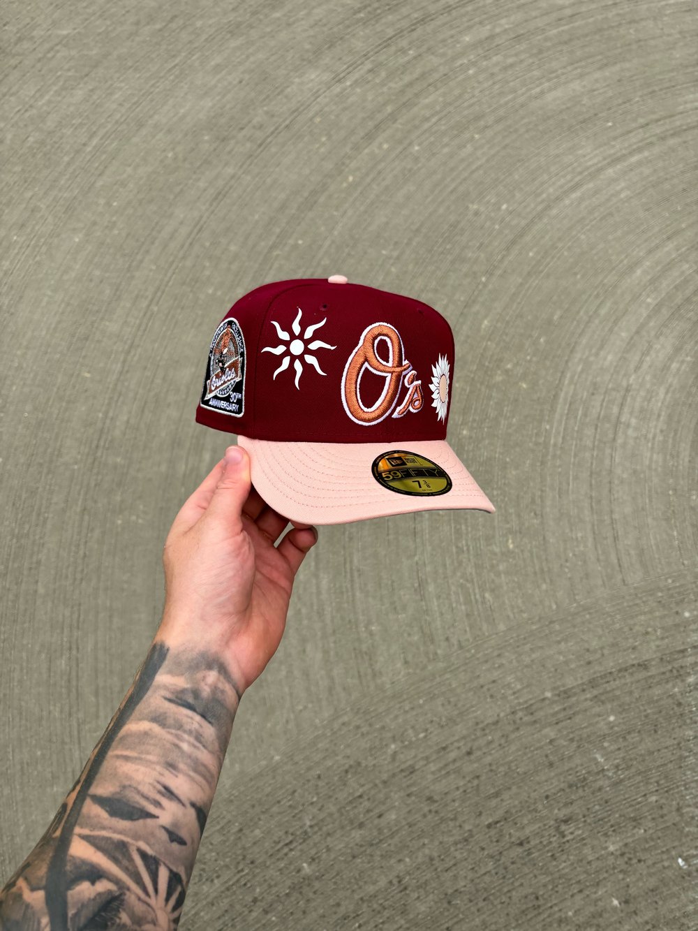 Image of PHOTOSYNTHESIS MAROON PEACH BALTIMORE ORIOLES CUSTOM FITTED CAP