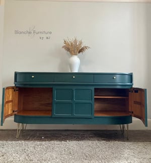 Image of Stunning Nathan Curved Sideboard in Bottle Green on Gold Hairpin legs