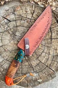 Image 1 of 512 Ladder Damascus knife w/stamped leather sheath