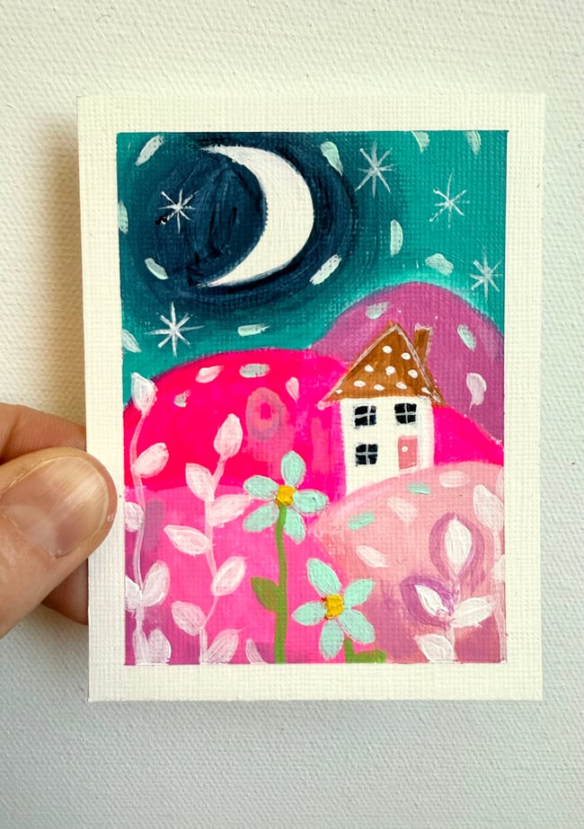 Two little flowers fell in love with the moon. Original mini painting