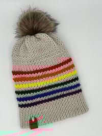 Image 2 of Rainbow Stripe Hat with Fur Pom Pom