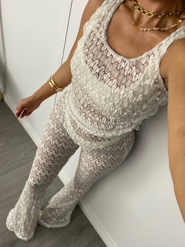 Image of Crochet Lace Flares & Ruch Vest Set In White & Silver 