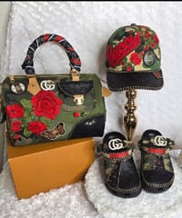 Black & Camo w/Red rose. Crocs, Bag & Hat