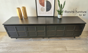 Image of Custom Order: Extra Long Nathan Sideboard in Green Smoke on wooden tapered legs.