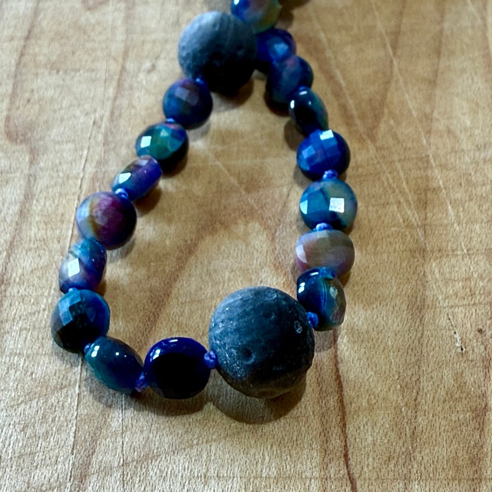 Image of Galaxy Tigers Eye & Natural Silver Obsidian Handcarved Meteorite Beaded Necklace