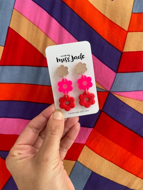 Image of Rose Gold + Hot Pink + Red Flower Dangles