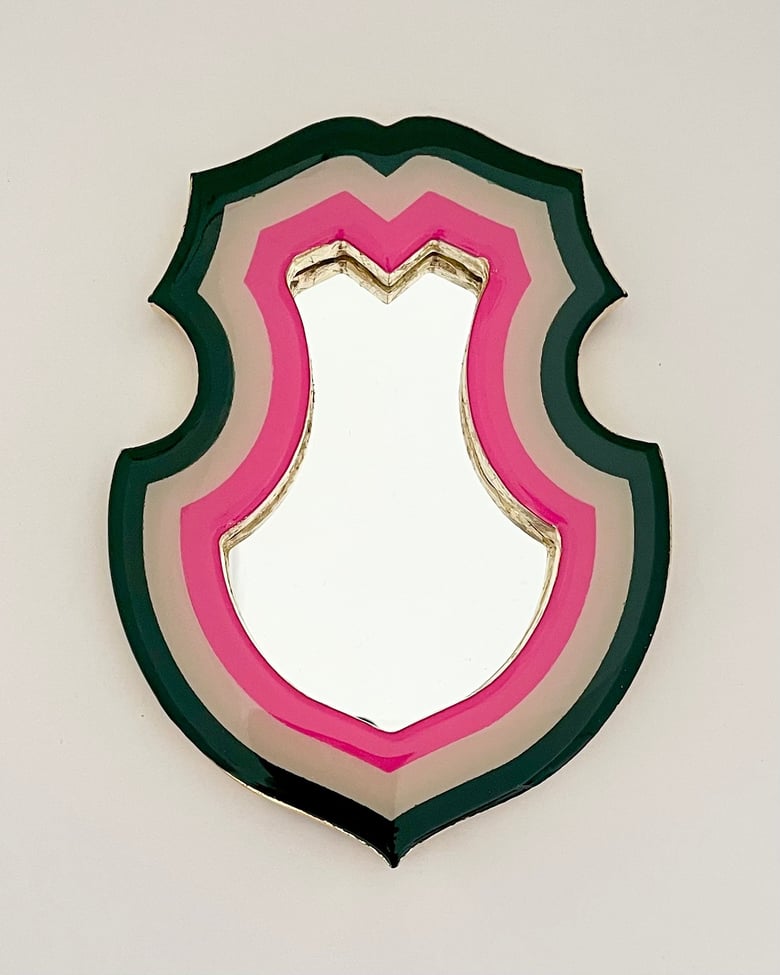 Image of Shield Mirror Dark Green/Pink/White 20cm x 13cm