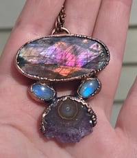 Image 1 of Electroformed Labradorite,  Moonstone and Amethyst Stalactite necklace