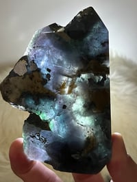 Image 10 of Blue, Green, Purple Fluorite With Pyrite Inclusions Polished Tower #2829