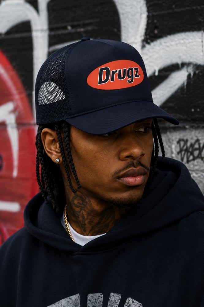 Image of DRUGZ® - Logo Trucker Hat (ORANGE/NAVY)