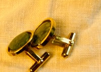 Image 3 of 1060's Destino Cuff Links and Tie Tack set, Gold & Green Stone