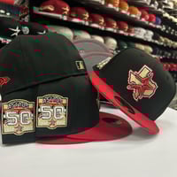 Image 1 of New Era 59Fifty Black Scarlet Gold 50th