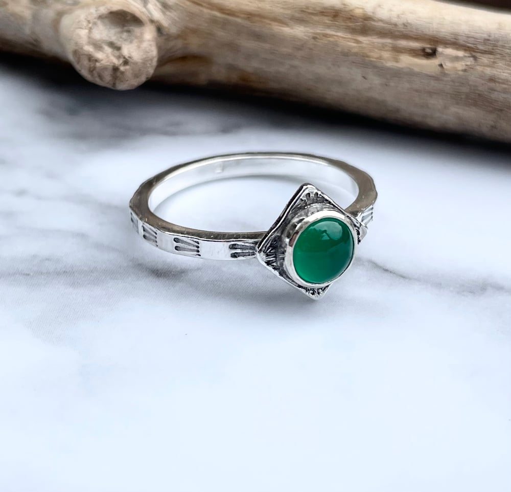 Handmade Sterling Silver Green Onyx Stamped Dainty Ring