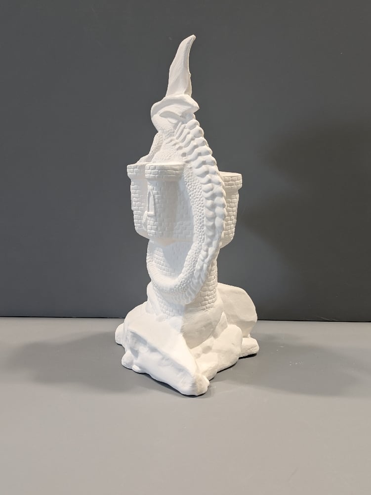 Image of Ceramic Bisque Dragon on Castle Ready to Paint 8" inches in Height