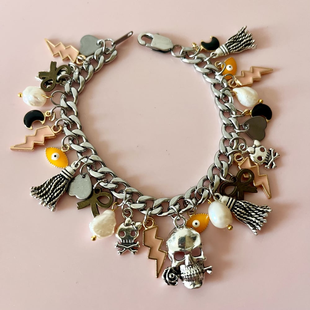 Image of One Of A Kimd Charm Bracelet- Skulls/lightning Bolt