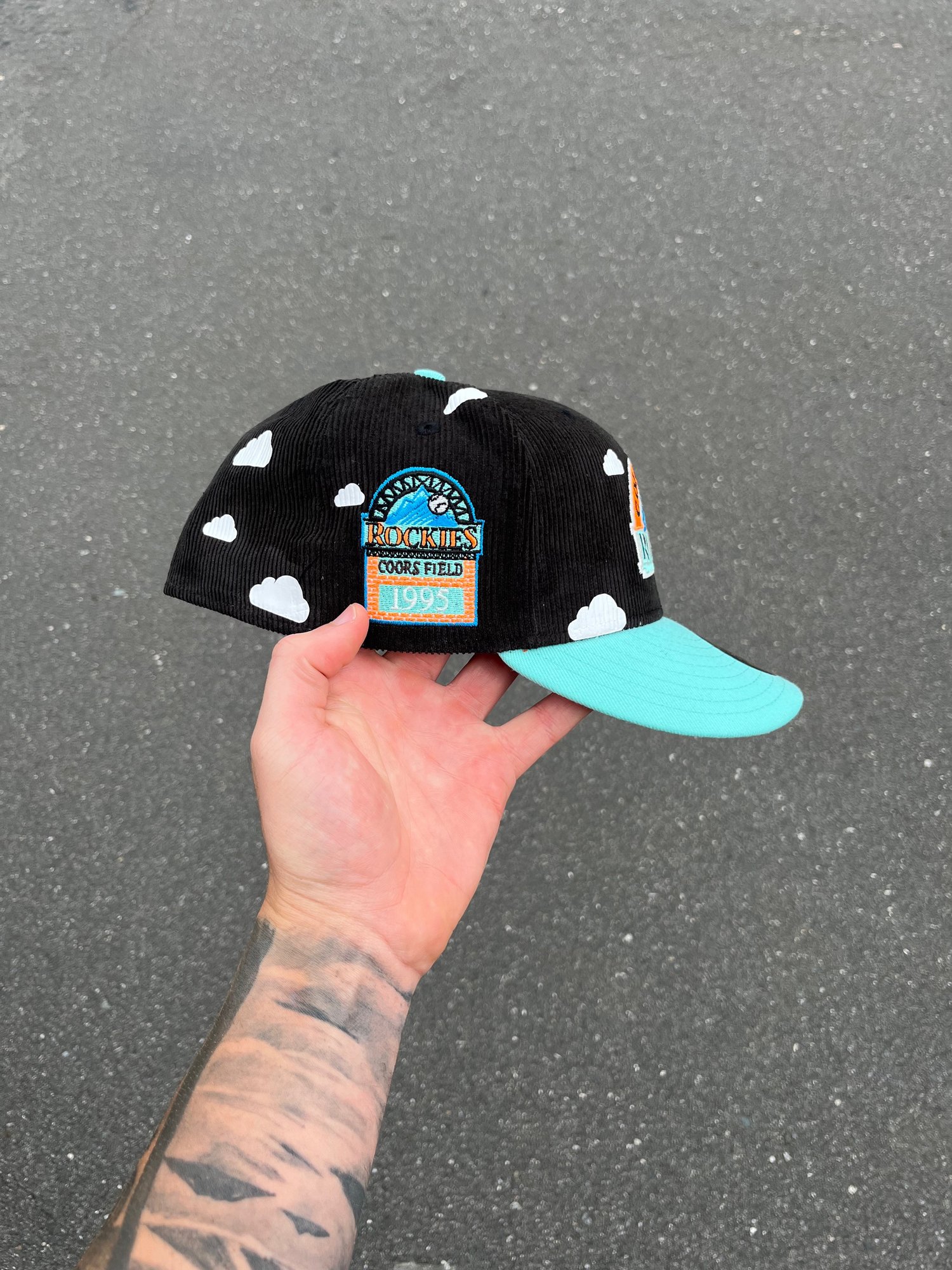 Image of  RUST BRIM CORDUROY CROWN  PARTLY CLOUDY COLORADO ROCKIES CUSTOM FITTED CAP