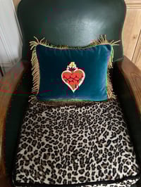 Image 2 of Sacred heart patch teal velvet rectangle cushion 