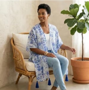 Image of Blue and White Graphic Print Viscose Kimono