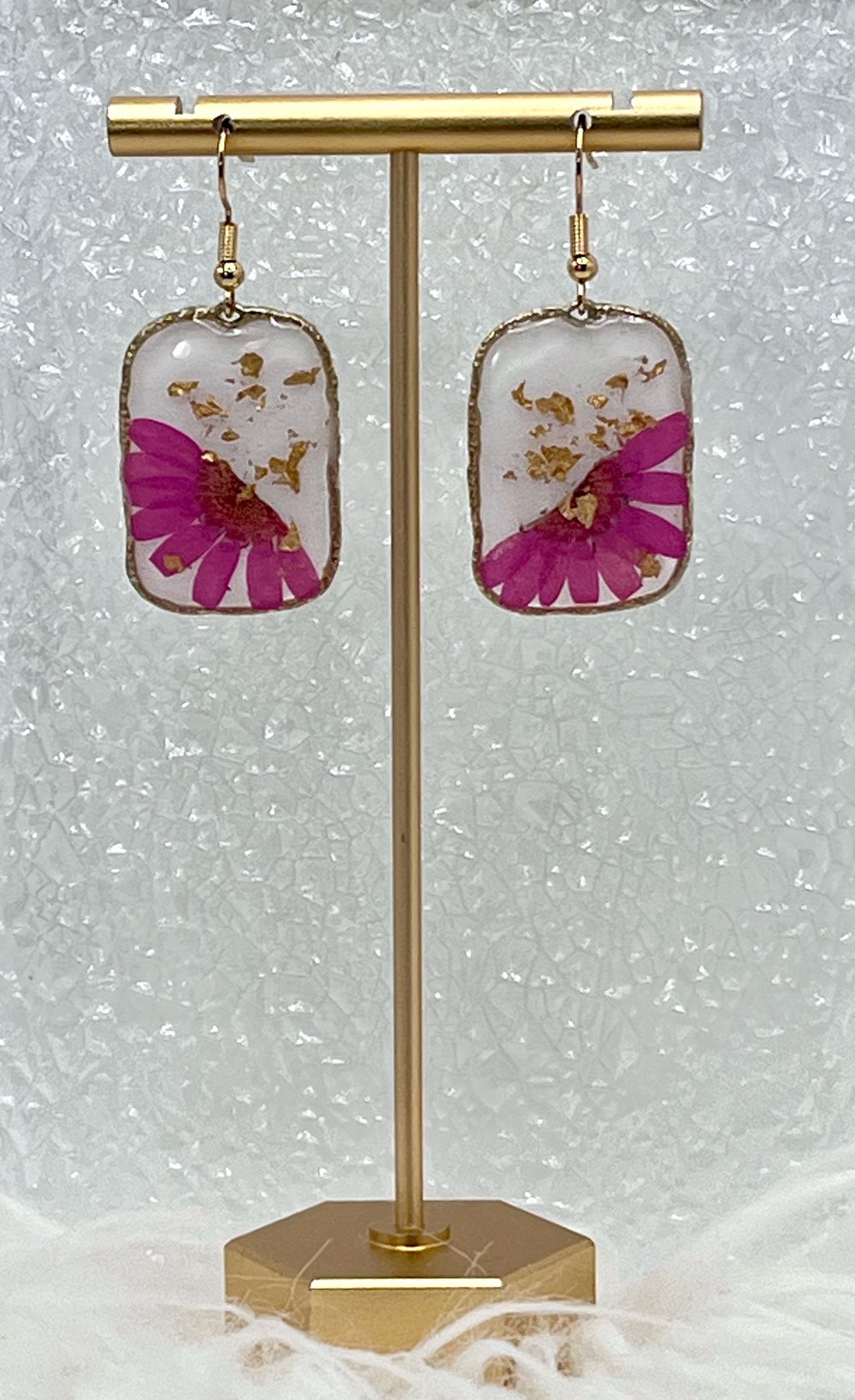 Image of PINK FLORAL & GOLD FLAKE DANGLES 