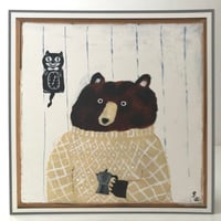 Image 1 of Small square print featuring a bear with coffee