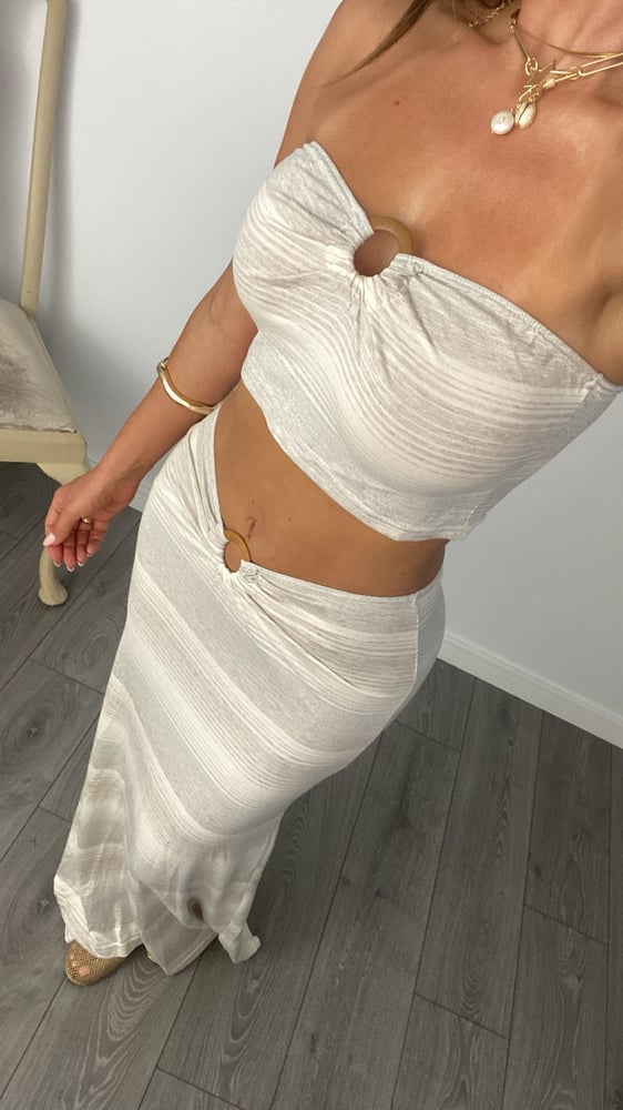 Image of Ring Boob Tube & Maxi Skirt Co-Ord In Neutral Lurex Stripes 