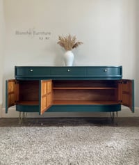 Image 3 of Luxurious, Large Nathan Curved Sideboard in Bottle Green on Gold Hairpin legs
