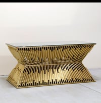 Image 1 of Gold Sweetheart Table with mirror top for rent only stainlesssteel+glas160x90x75cm