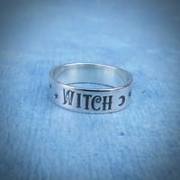 Image 1 of WITCH silver ring with star and moon stamp (capitals). Hand stamped silver 925 ring