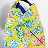 Image 2 of Mid blue denim origami market bag with yellow leaf batik lining