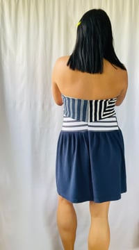Image 6 of rainbow navy courtneycourtney adult size M/L medium large gathered flouncy halter dress sundress