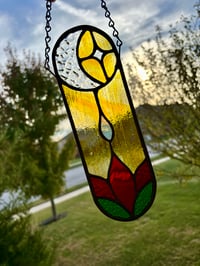 Image 2 of Moon, Star & Bloom Stained-Glass Suncatcher - Red Flower Window Hanging Art Decor