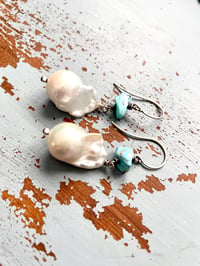 Image 4 of large baroque pearl and Golden Hills turquoise earrings