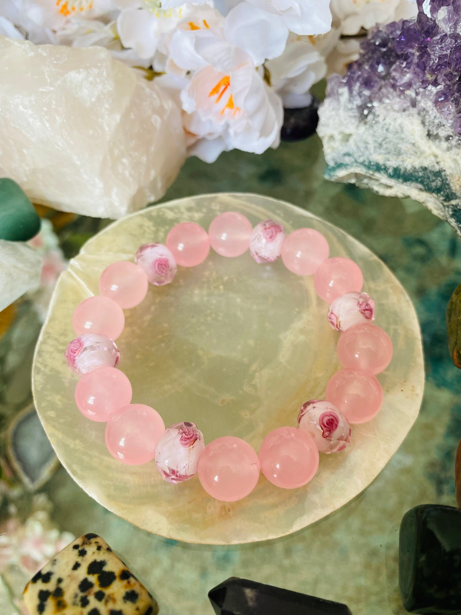 Image of “True Love” 12mm Rose Quartz Bracelet with Rose Accent beads
