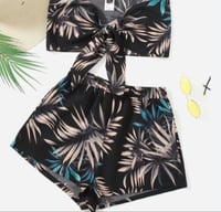  Summer Beach Tropical Print Tie Front Two Piece Outfits Tube Top & Shorts Set