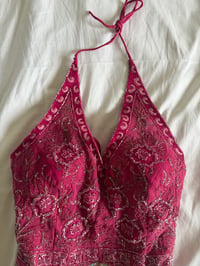 Image 2 of Vintage Y2K Aftershock hot pink silk sequin and beaded halter neck corset style top 