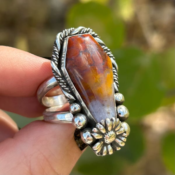 Image of Handmade Sterling Silver Bird of Paradise Agate Coffin Ring