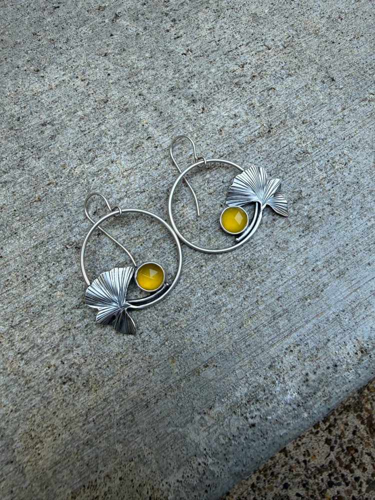 Image of Ginkgo Hoop Earrings with Canary Yellow Chalcedony