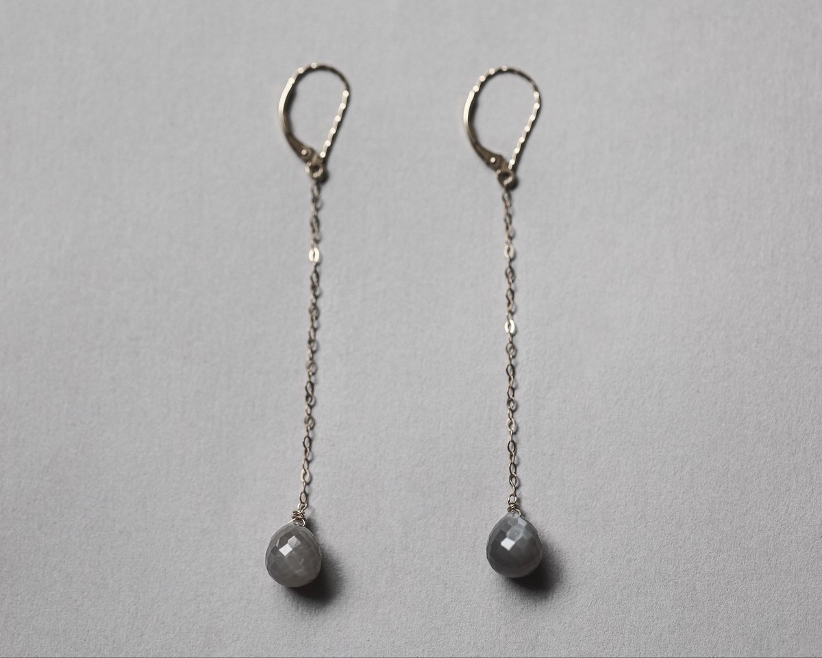 Image of 9ct gold long chain Grey moonstone drop earrings 