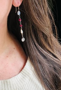 Image 2 of rainbow moonstone and ruby earrings in 14k gold and sterling silver