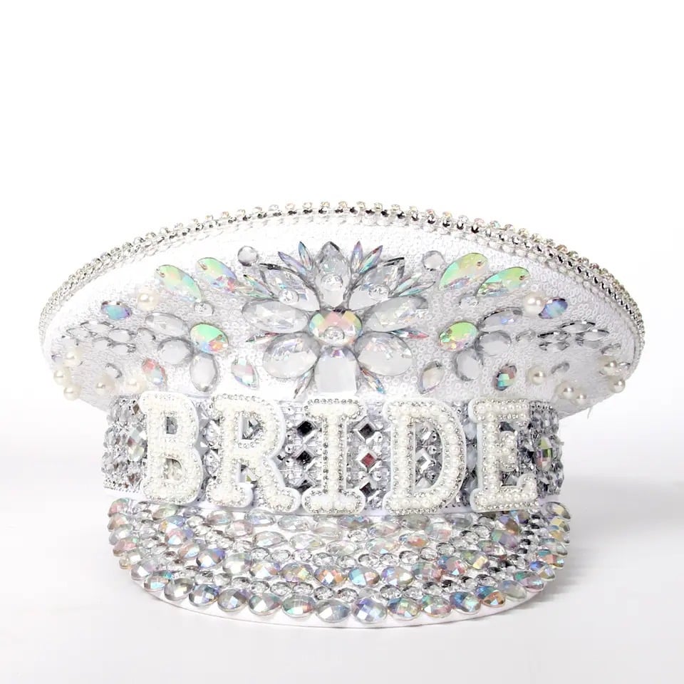 Image of 'Bride White and Silver' Diamante Captain Hat