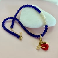 Image 2 of Blue glass bead and pearl necklace with carabiner and heart 