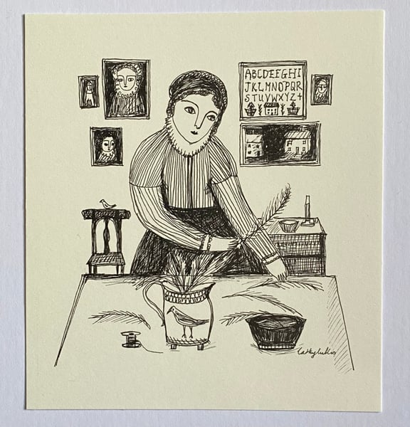 Image of Woman arranging feathers - original drawing 