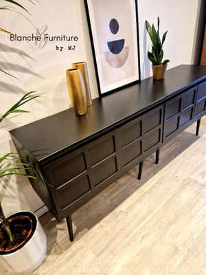 Image of Extra Long Nathan Sideboard in Black on tall wooden tapered legs