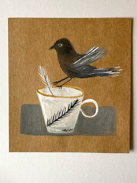 Image of 27. Original work on brown paper - bird and feather cup