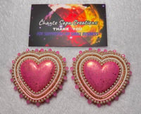 Image 2 of Hand Painted/Polished Pink Heart Beaded Earrings