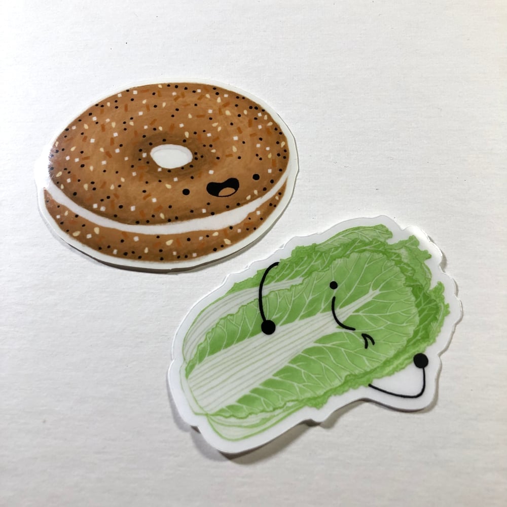Image of everything bagel and cheeky napa vinyl stickers