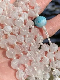 Image 2 of Included Crystal Quartz Mala with Larimar Guru Bead, Crystal Quartz 108 Bead Japa Mala Hand Knotted 